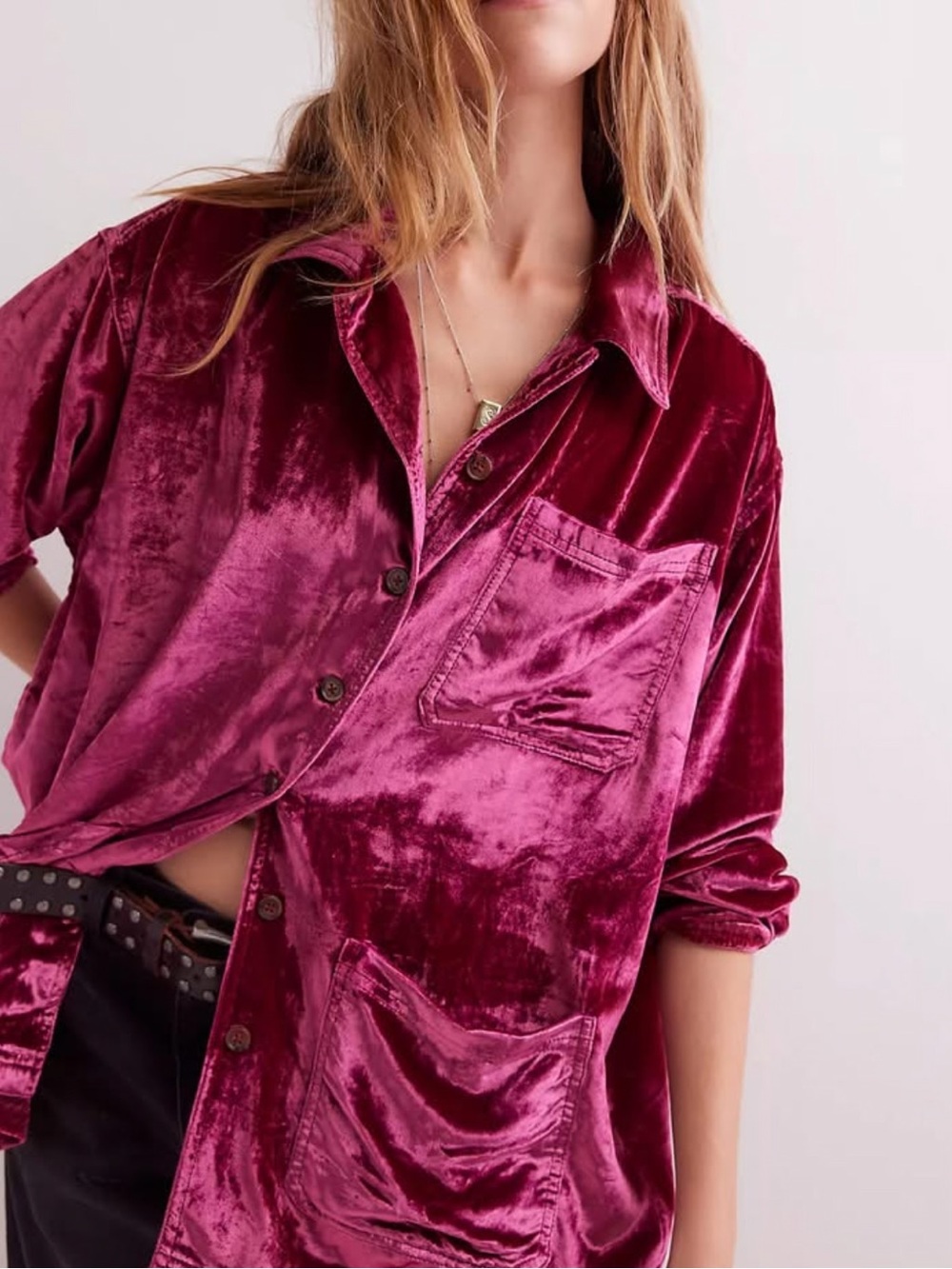 NWOT Women's We The Free Velvet Button-Down Shirt in Berry Pink Size XS